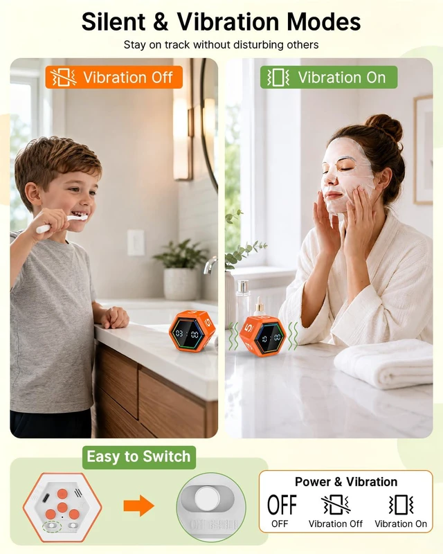Alt view image 5 of 7 - Rotating Pomodoro Timer Cube 3/5/10/25/30/50 min with Colorful Visual Bar | Desk Productivity Flip Timer for Kids Adults, Vibration/Silent/Sound, Adjustable Volume, for ADHD Study Work, Orange