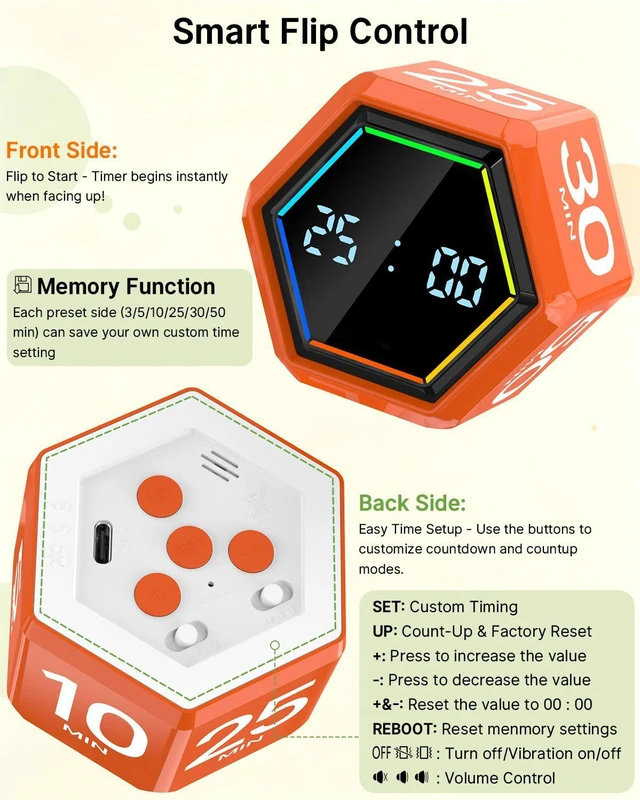 Alt view image 7 of 7 - Rotating Pomodoro Timer Cube 3/5/10/25/30/50 min with Colorful Visual Bar | Desk Productivity Flip Timer for Kids Adults, Vibration/Silent/Sound, Adjustable Volume, for ADHD Study Work, Orange