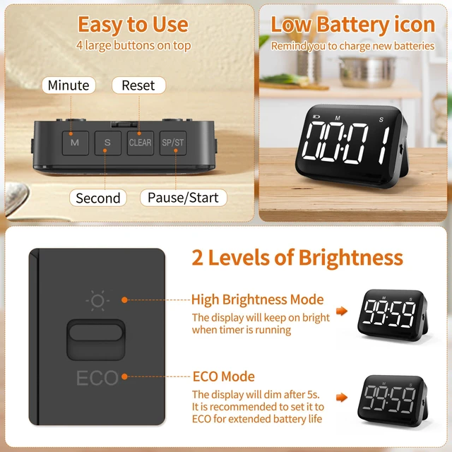 Alt view image 5 of 6 - Digital Kitchen Timer, Magnetic Large Display for Cooking & Classroom | 99-Min Countdown & Count Up Timer, Adjustable Brightness & Volume, Battery Powered, For Teachers, Kids, Baking & Study