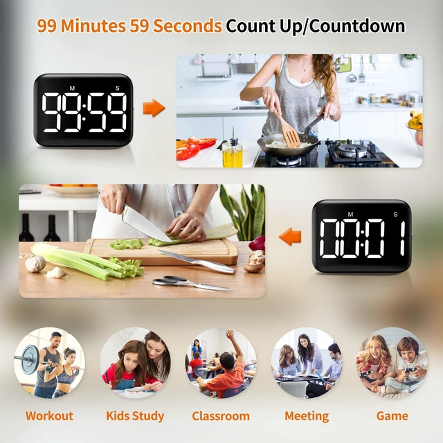 Alt view image 3 of 6 - Digital Kitchen Timer, Magnetic Large Display for Cooking & Classroom | 99-Min Countdown & Count Up Timer, Adjustable Brightness & Volume, Battery Powered, For Teachers, Kids, Baking & Study