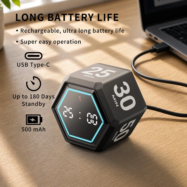 Alt view image 3 of 6 - Cube Productivity Timer, 3/5/10/25/30/50 Minute Presets for ADHD | Silent and Vibration Alerts, Focus Timer for Work, Study, Classroom, Kitchen, and Daily Time Management