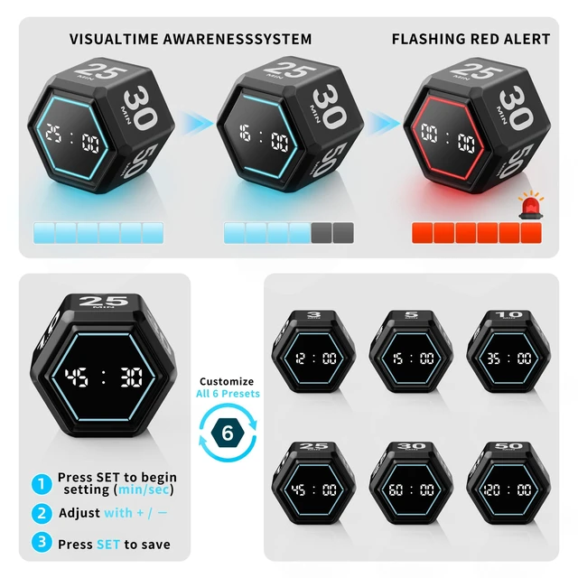 Alt view image 5 of 6 - Cube Productivity Timer, 3/5/10/25/30/50 Minute Presets for ADHD | Silent and Vibration Alerts, Focus Timer for Work, Study, Classroom, Kitchen, and Daily Time Management