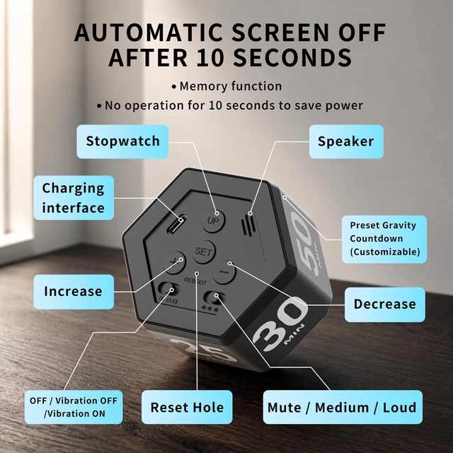 Alt view image 6 of 6 - Cube Productivity Timer, 3/5/10/25/30/50 Minute Presets for ADHD | Silent and Vibration Alerts, Focus Timer for Work, Study, Classroom, Kitchen, and Daily Time Management