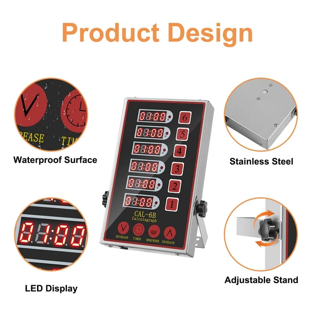 Alt view image 6 of 6 - Commercial Kitchen Timer 6 Channel Digital Loud Alarm Cook Timer | 6 Independent Channels, Stainless Steel, Easy-to-Read LED Display for Restaurant