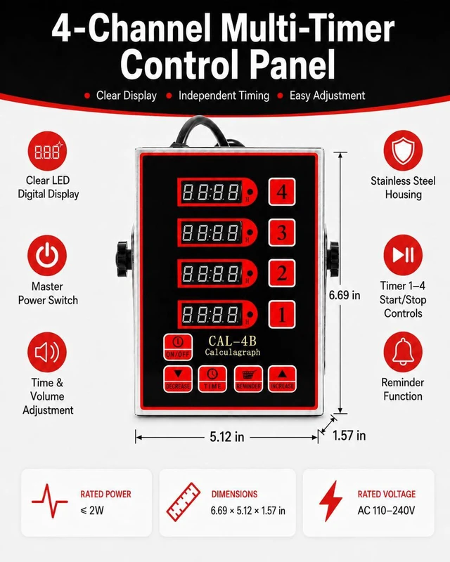 Alt view image 3 of 6 - Commercial 4 Channels Digital Kitchen Timer, Calculagraph Fry Timer | Stainless Steel Commercial Timer Tracks 4 Events with a Loud Alarm and Digital Display for Restaurants, Fryers and Baking