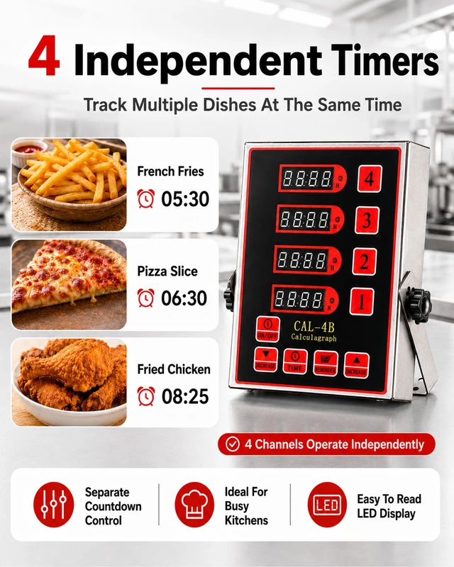 Alt view image 2 of 6 - Commercial 4 Channels Digital Kitchen Timer, Calculagraph Fry Timer | Stainless Steel Commercial Timer Tracks 4 Events with a Loud Alarm and Digital Display for Restaurants, Fryers and Baking