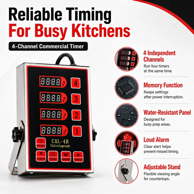 Alt view image 4 of 6 - Commercial 4 Channels Digital Kitchen Timer, Calculagraph Fry Timer | Stainless Steel Commercial Timer Tracks 4 Events with a Loud Alarm and Digital Display for Restaurants, Fryers and Baking