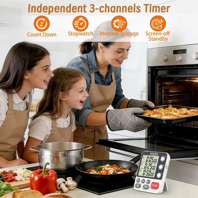 Alt view image 2 of 7 - Digital Dual Kitchen Timer, 3-Channel Magnetic Countdown Timer for Cooking | Multi Groups Triple Independent Countup Timer, Memory Presets, Loud Alarm & Mute, 3A Battery & Stand Included