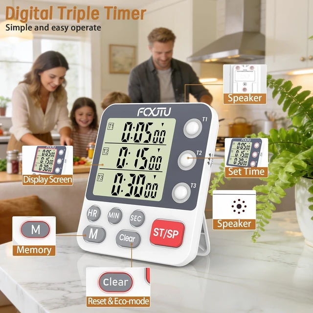 Alt view image 3 of 7 - Digital Dual Kitchen Timer, 3-Channel Magnetic Countdown Timer for Cooking | Multi Groups Triple Independent Countup Timer, Memory Presets, Loud Alarm & Mute, 3A Battery & Stand Included