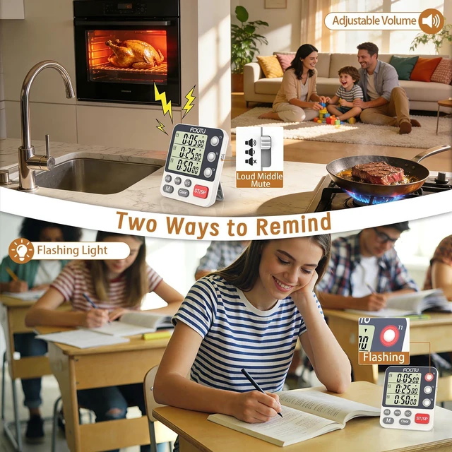Alt view image 4 of 7 - Digital Dual Kitchen Timer, 3-Channel Magnetic Countdown Timer for Cooking | Multi Groups Triple Independent Countup Timer, Memory Presets, Loud Alarm & Mute, 3A Battery & Stand Included