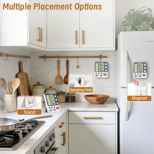 Alt view image 5 of 7 - Digital Dual Kitchen Timer, 3-Channel Magnetic Countdown Timer for Cooking | Multi Groups Triple Independent Countup Timer, Memory Presets, Loud Alarm & Mute, 3A Battery & Stand Included