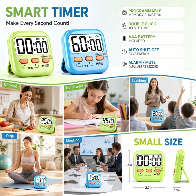 Alt view image 2 of 7 - 2 Pack Digital Timer for Kids Teacher Classroom Kitchen Office | W/ AAA Battery, Out of the Box, Fast Reset, Memory, Loud Alarm, LED Mute Mode, Magnetic/Kickstand/Hanging, Count Up/Down