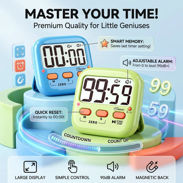 Alt view image 3 of 7 - 2 Pack Digital Timer for Kids Teacher Classroom Kitchen Office | W/ AAA Battery, Out of the Box, Fast Reset, Memory, Loud Alarm, LED Mute Mode, Magnetic/Kickstand/Hanging, Count Up/Down