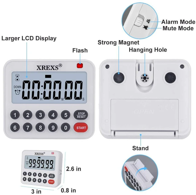 Alt view image 4 of 7 - Digital Kitchen Timer Magnetic Countdown Up Cooking Loud Alarm | Mute Optional Magnet and Stand, Large Display Classroom Timer for Teachers (2 Batteries Included) Upgraded Version