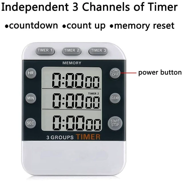 Alt view image 3 of 7 - Digital Dual Kitchen Timer, Multiple Channels Countdown Timer | 3-Groups Triple Timer with Magnet-Back Memory-Preset Large Display Adjustable Volume, 3A Battery Included, Ideal for Cooking