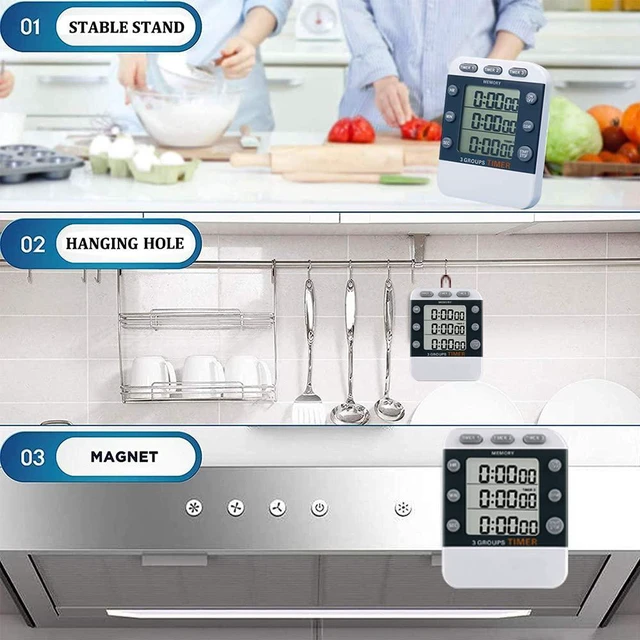 Alt view image 5 of 7 - Digital Dual Kitchen Timer, Multiple Channels Countdown Timer | 3-Groups Triple Timer with Magnet-Back Memory-Preset Large Display Adjustable Volume, 3A Battery Included, Ideal for Cooking