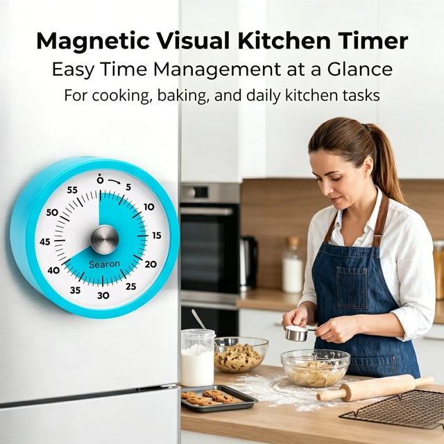 Alt view image 2 of 7 - Magnetic Kitchen Timer, 60-Minute Visual Dial (Blue) | Turn-to-start dial, no winding, silent countdown, 60-second sound or LED alert, magnet, stand or hang for cooking & baking