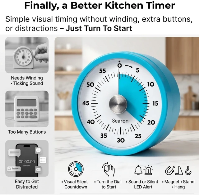 Alt view image 3 of 7 - Magnetic Kitchen Timer, 60-Minute Visual Dial (Blue) | Turn-to-start dial, no winding, silent countdown, 60-second sound or LED alert, magnet, stand or hang for cooking & baking