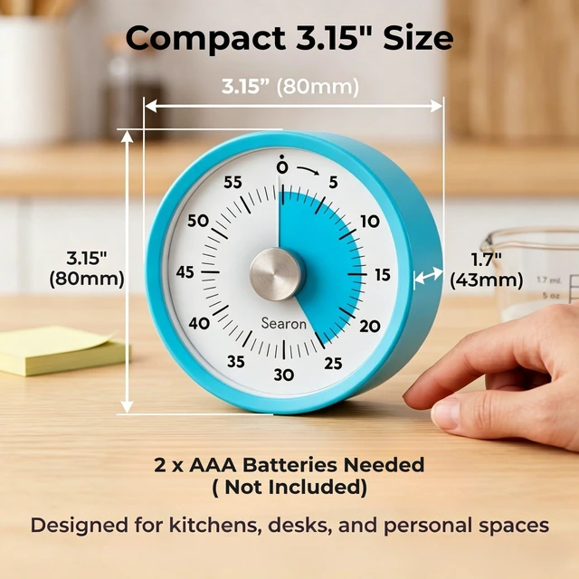 Alt view image 6 of 7 - Magnetic Kitchen Timer, 60-Minute Visual Dial (Blue) | Turn-to-start dial, no winding, silent countdown, 60-second sound or LED alert, magnet, stand or hang for cooking & baking