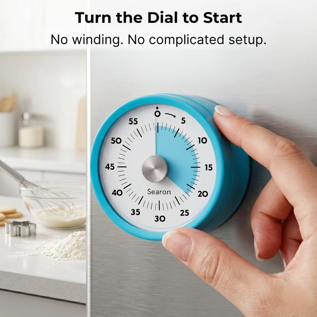 Alt view image 4 of 7 - Magnetic Kitchen Timer, 60-Minute Visual Dial (Blue) | Turn-to-start dial, no winding, silent countdown, 60-second sound or LED alert, magnet, stand or hang for cooking & baking