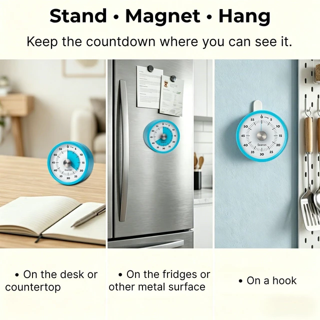 Alt view image 7 of 7 - Magnetic Kitchen Timer, 60-Minute Visual Dial (Blue) | Turn-to-start dial, no winding, silent countdown, 60-second sound or LED alert, magnet, stand or hang for cooking & baking
