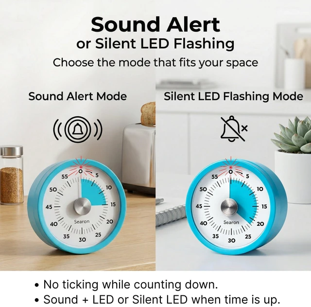 Alt view image 5 of 7 - Magnetic Kitchen Timer, 60-Minute Visual Dial (Blue) | Turn-to-start dial, no winding, silent countdown, 60-second sound or LED alert, magnet, stand or hang for cooking & baking