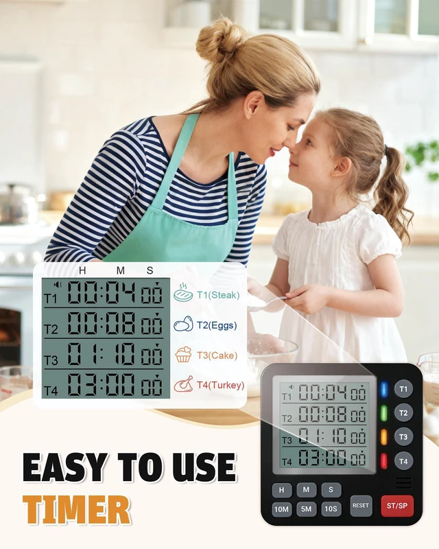 Alt view image 2 of 7 - Digital Kitchen Timer - 4-Channel Cooking Timer with Alarm, Magnetic Back, Loud & Silent Modes, Count Up/Down, Ideal for ovens, Seniors, Kids and classrooms, Replaceable AAA Battery