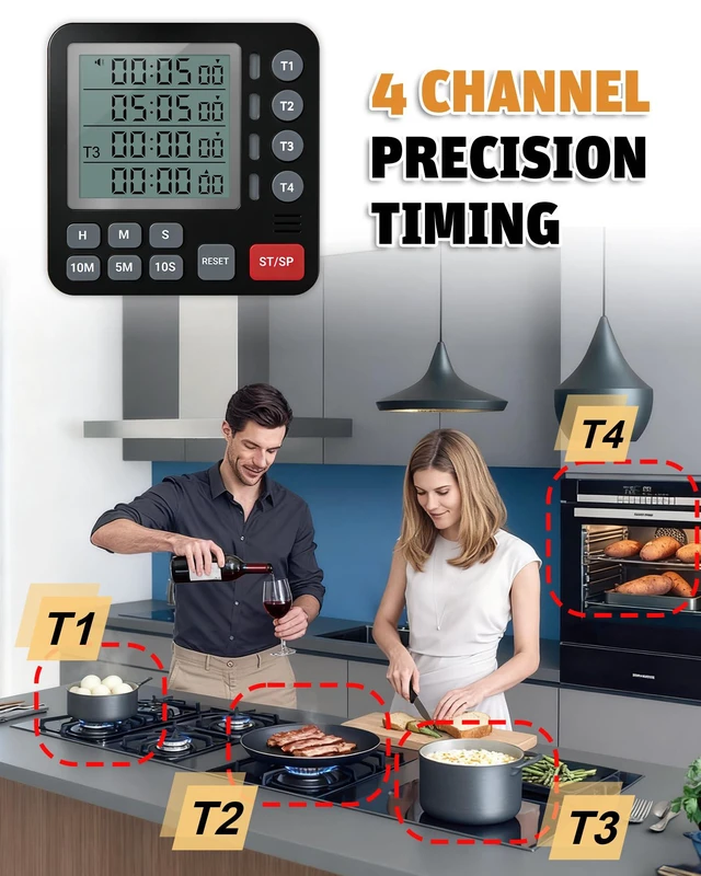 Alt view image 3 of 7 - Digital Kitchen Timer - 4-Channel Cooking Timer with Alarm, Magnetic Back, Loud & Silent Modes, Count Up/Down, Ideal for ovens, Seniors, Kids and classrooms, Replaceable AAA Battery