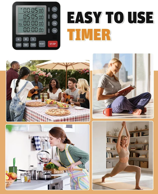 Alt view image 7 of 7 - Digital Kitchen Timer - 4-Channel Cooking Timer with Alarm, Magnetic Back, Loud & Silent Modes, Count Up/Down, Ideal for ovens, Seniors, Kids and classrooms, Replaceable AAA Battery