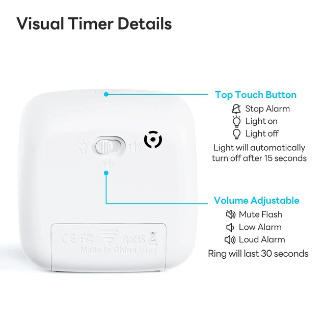 Alt view image 5 of 7 - Visual Timer with Night Light, 60 Minute Countdown, Light Blue | 3 Alarm Modes, Mute Flash, for Kids and Adults, Time Management Tool for Classroom, Home, School, and Work