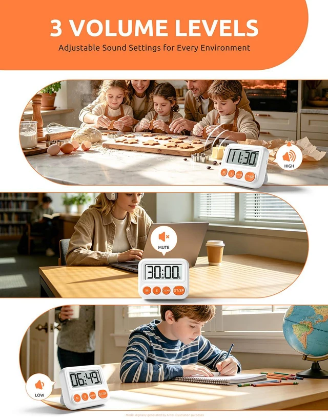 Alt view image 4 of 7 - 2 Pack Digital Timer for Classroom & Kitchen, Large LCD Countdown Timer | Ideal for study, homework, baking, cooking and daily tasks. Loud, soft & silent alarms with magnetic stand hanging hole