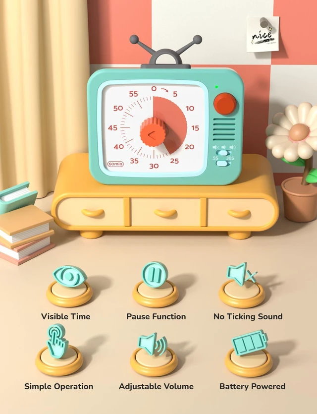 Alt view image 2 of 7 - Visual Timer for Kids with Pause, 60 Minute Countdown Timer, Green | Non-Ticking, 3 Volume Levels, Back Magnetic, Two Ringing Durations, Light Indicator, for Classroom Kitchen Office ADHD
