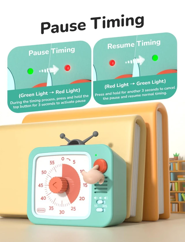 Alt view image 4 of 7 - Visual Timer for Kids with Pause, 60 Minute Countdown Timer, Green | Non-Ticking, 3 Volume Levels, Back Magnetic, Two Ringing Durations, Light Indicator, for Classroom Kitchen Office ADHD