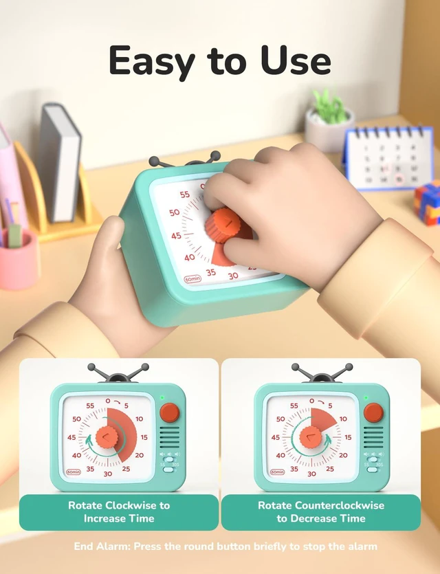 Alt view image 5 of 7 - Visual Timer for Kids with Pause, 60 Minute Countdown Timer, Green | Non-Ticking, 3 Volume Levels, Back Magnetic, Two Ringing Durations, Light Indicator, for Classroom Kitchen Office ADHD