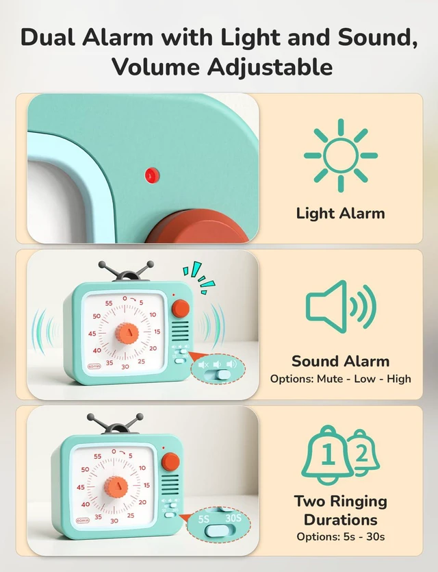 Alt view image 7 of 7 - Visual Timer for Kids with Pause, 60 Minute Countdown Timer, Green | Non-Ticking, 3 Volume Levels, Back Magnetic, Two Ringing Durations, Light Indicator, for Classroom Kitchen Office ADHD