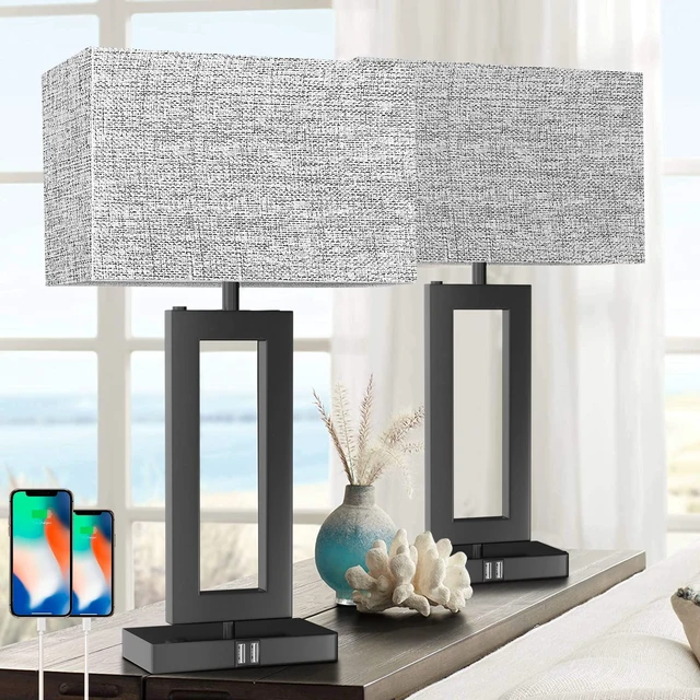 Main image of 22 Tall Set of 2 Touch Control Table Lamp w. 2 USB Ports, 3-Way Dimmable Modern Bedroom Bedside Touch Lamps w. Fabric Gray Shade for Living Room End Table Nightstand Reading