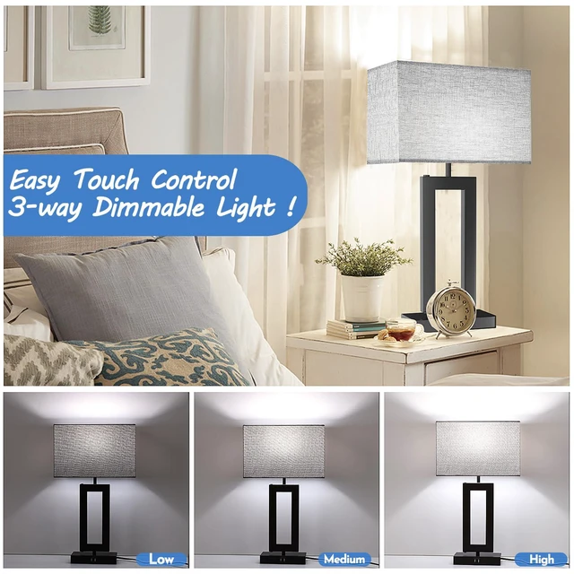 Alt view image 3 of 7 - 22 Tall Set of 2 Touch Control Table Lamp w. 2 USB Ports, 3-Way Dimmable Modern Bedroom Bedside Touch Lamps w. Fabric Gray Shade for Living Room End Table Nightstand Reading