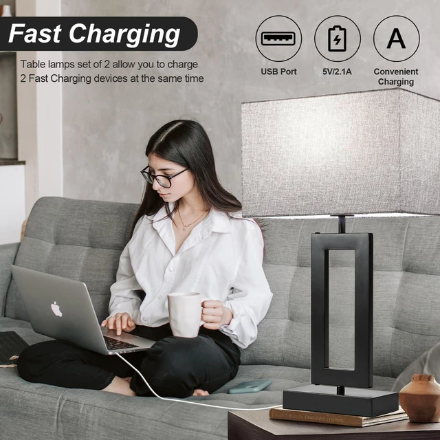 Alt view image 5 of 7 - 22 Tall Set of 2 Touch Control Table Lamp w. 2 USB Ports, 3-Way Dimmable Modern Bedroom Bedside Touch Lamps w. Fabric Gray Shade for Living Room End Table Nightstand Reading