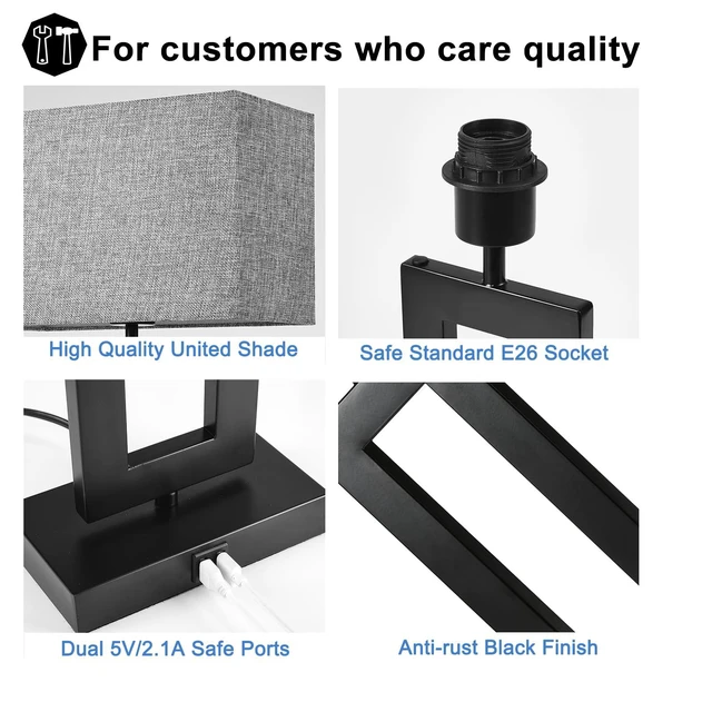Alt view image 6 of 7 - 22 Tall Set of 2 Touch Control Table Lamp w. 2 USB Ports, 3-Way Dimmable Modern Bedroom Bedside Touch Lamps w. Fabric Gray Shade for Living Room End Table Nightstand Reading