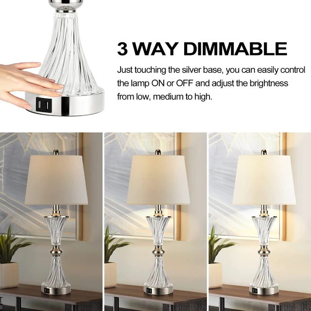 Alt view image 3 of 7 - Touch Control Table Lamp for Bedrooms 3 Way Dimmable White Drum Shade Modern Bedsides Nightstand lamp Set of 2 with 2 USB Charging Port(Bulbs Included)