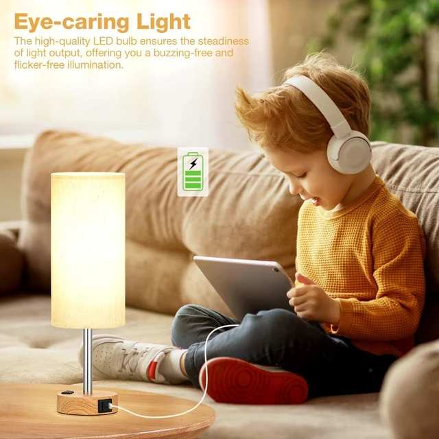 Alt view image 6 of 7 - Bedside Table Lamp for Bedroom - Dimmable Touch, USB A+C, AC Outlet | 3-Way Dimmable, LED Bulb Included, Fabric Lampshade, Wood-Grain Metal Base, 14" Small Nightstand Lamp for Desk, Living Room