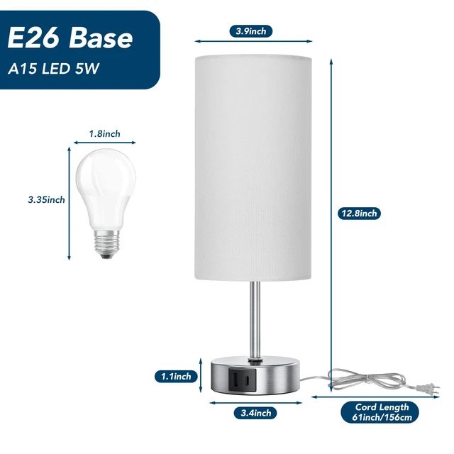 Alt view image 2 of 7 - 12.8" Touch Control Table Lamp, 3-Way Dimmable Small Bedside Nightstand Lamp with 2 USB Ports, Modern Table Lamps with 6500K Daylight LED Bulb for Bedroom Living Room