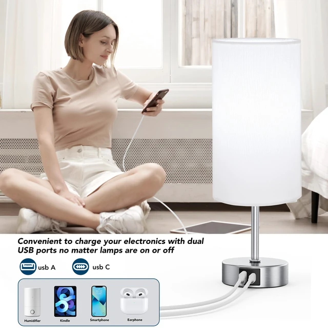 Alt view image 4 of 7 - 12.8" Touch Control Table Lamp, 3-Way Dimmable Small Bedside Nightstand Lamp with 2 USB Ports, Modern Table Lamps with 6500K Daylight LED Bulb for Bedroom Living Room