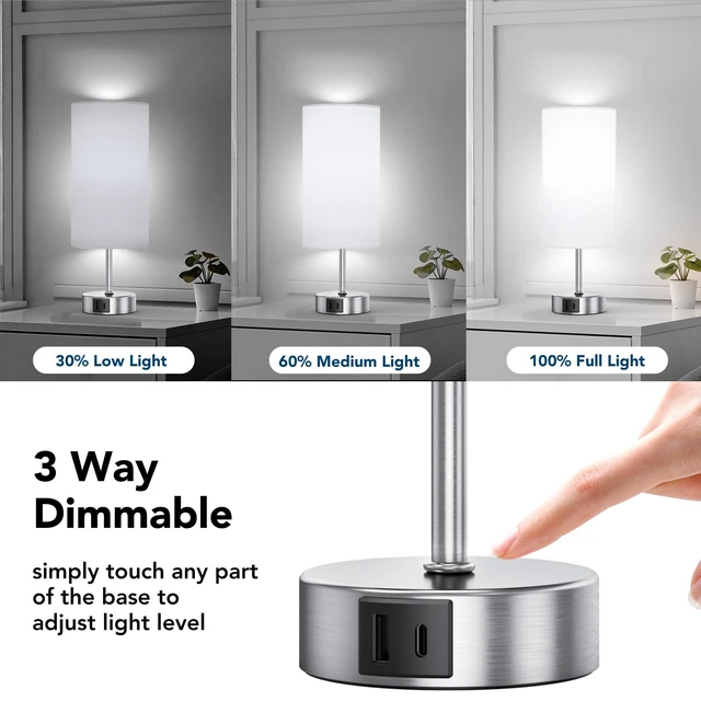 Alt view image 3 of 7 - 12.8" Touch Control Table Lamp, 3-Way Dimmable Small Bedside Nightstand Lamp with 2 USB Ports, Modern Table Lamps with 6500K Daylight LED Bulb for Bedroom Living Room
