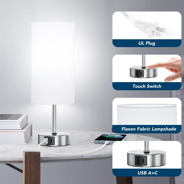 Alt view image 5 of 7 - 12.8" Touch Control Table Lamp, 3-Way Dimmable Small Bedside Nightstand Lamp with 2 USB Ports, Modern Table Lamps with 6500K Daylight LED Bulb for Bedroom Living Room