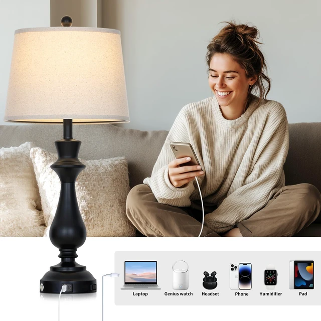 Alt view image 2 of 7 - Touch Lamps for Night Stand - 29.5" Tall Bedside Lamp with USB C+A, 3 Way Dimmable Bedroom Lamps, Black Metal Table Lamps for Living Room,Single Black