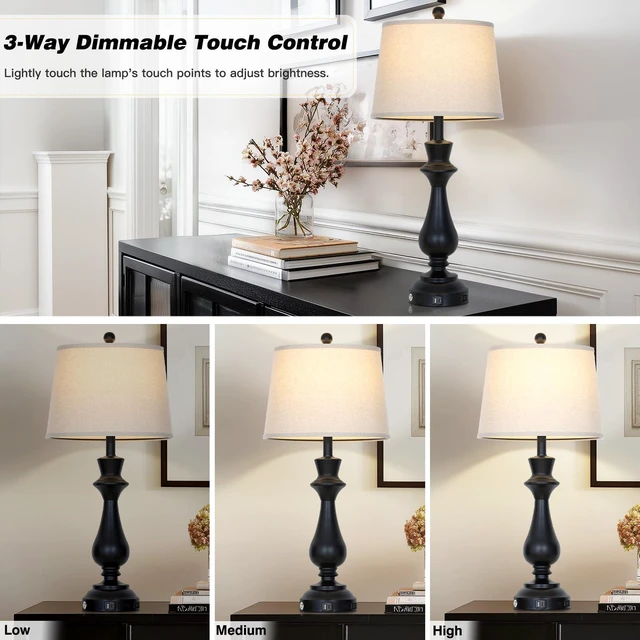 Alt view image 5 of 7 - Touch Lamps for Night Stand - 29.5" Tall Bedside Lamp with USB C+A, 3 Way Dimmable Bedroom Lamps, Black Metal Table Lamps for Living Room,Single Black