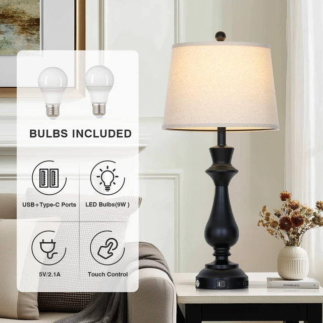 Alt view image 6 of 7 - Touch Lamps for Night Stand - 29.5" Tall Bedside Lamp with USB C+A, 3 Way Dimmable Bedroom Lamps, Black Metal Table Lamps for Living Room,Single Black