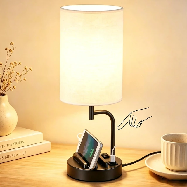 Main image of Touch Control USB Table Lamp with USB C/A & AC Outlet, 3-Way Dimmable Bedside Lamp, Modern Nightstand Lamps for Bedroom Living Room Guest Room Office, Bulb Included, Black