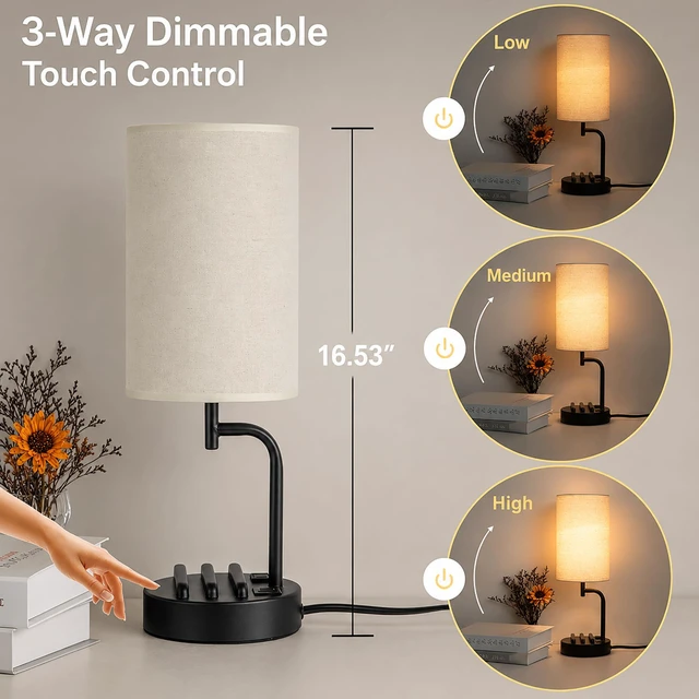 Alt view image 2 of 7 - Touch Control USB Table Lamp with USB C/A & AC Outlet, 3-Way Dimmable Bedside Lamp, Modern Nightstand Lamps for Bedroom Living Room Guest Room Office, Bulb Included, Black
